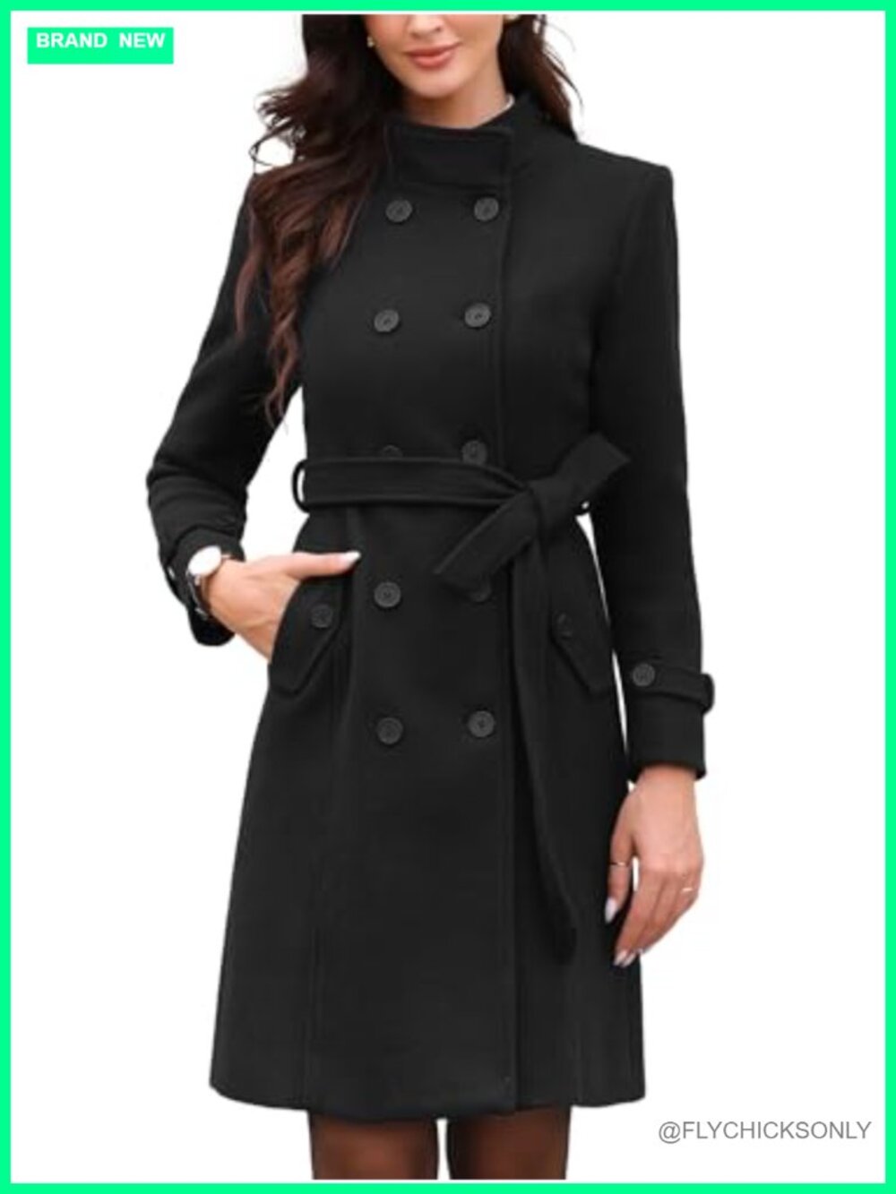 Women's Double Breasted Pea Coat Mid-Length Belted Overcoat
